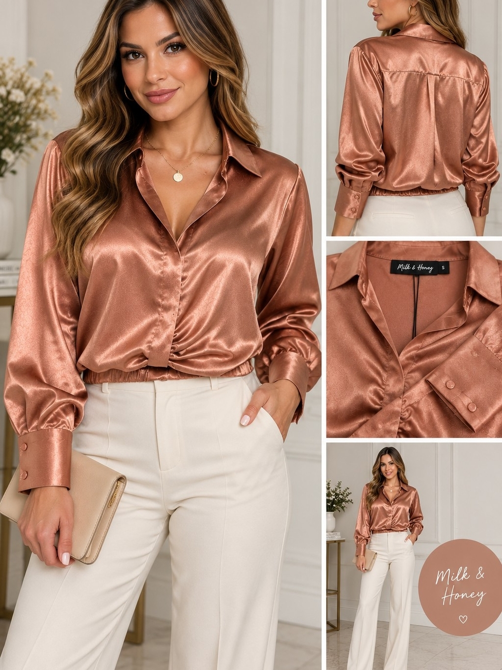 Satin Copper Button-Up Top